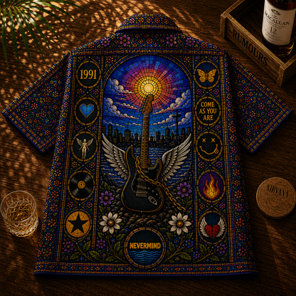 Nirvana Stained Glass Hawaiian Shirt - Unisex Retro Smiley Face Button Up