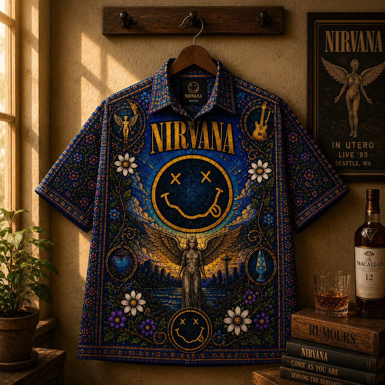 Nirvana  Stained Glass Hawaiian Shirt - Unisex Front Back In Utero Angel Button Up