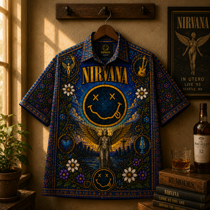 Nirvana  Stained Glass Hawaiian Shirt - Unisex Front Back In Utero Angel Button Up