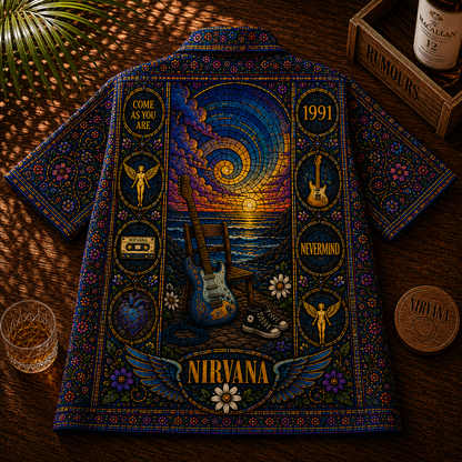 Nirvana  Stained Glass Hawaiian Shirt - Unisex Front Back In Utero Angel Button Up