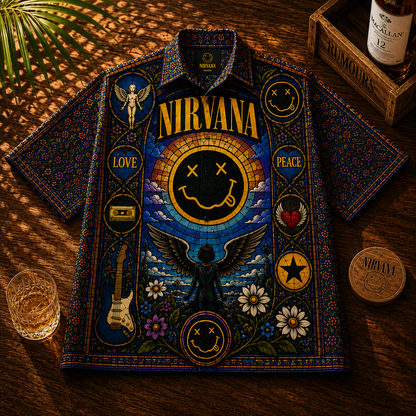 Nirvana Stained Glass Hawaiian Shirt - Unisex Retro Smiley Face Button Up