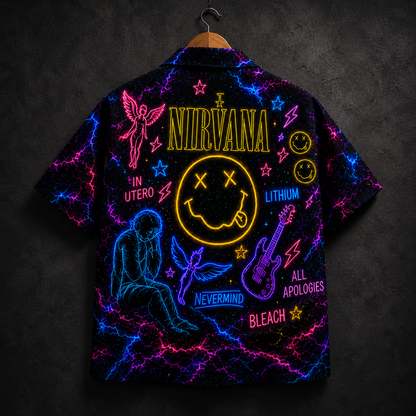 Nirvana Neon Hawaiian Shirt - Grunge Rock Band All Over Print Hawaiian Shirt - Retro 90s Music Summer Shirt