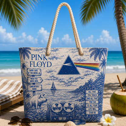 Pink Floyd Beach Tote Bag – Retro Tropical Canvas Shoulder Bag With Rope Handle