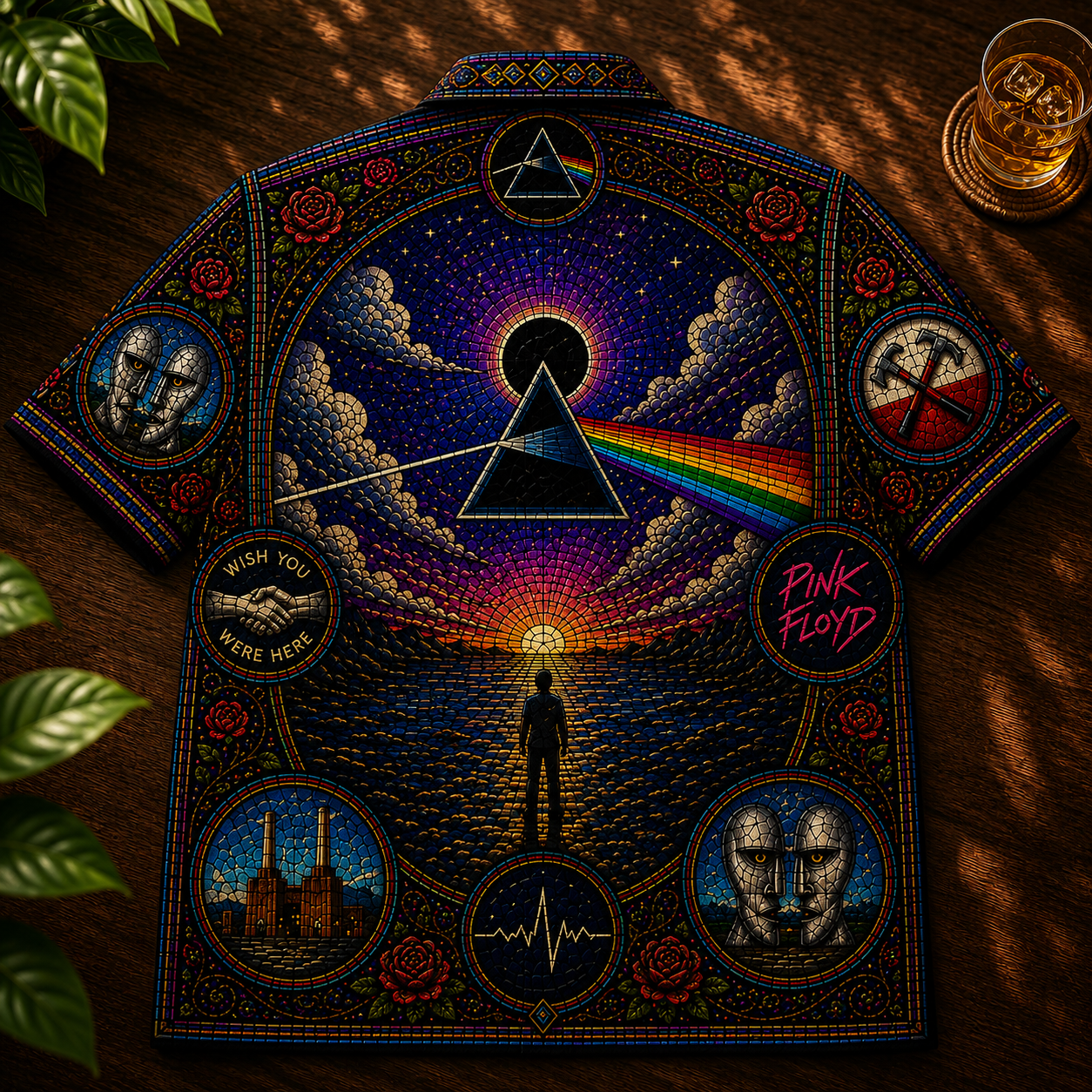 Pink Floyd Hawaiian Shirt – Unisex Retro Dark Side Of The Moon Cathedral Window Button Up