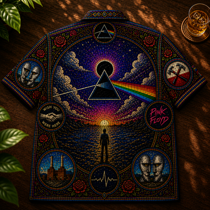 Pink Floyd Hawaiian Shirt – Unisex Retro Dark Side Of The Moon Cathedral Window Button Up