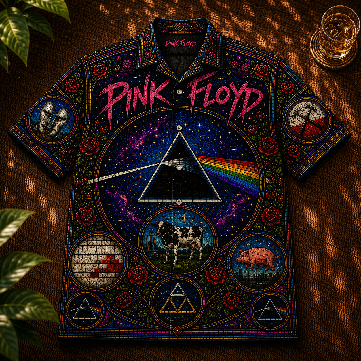 Pink Floyd Hawaiian Shirt – Unisex Retro Dark Side Of The Moon Cathedral Window Button Up
