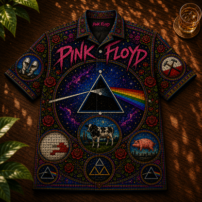 Pink Floyd Hawaiian Shirt – Unisex Retro Dark Side Of The Moon Cathedral Window Button Up