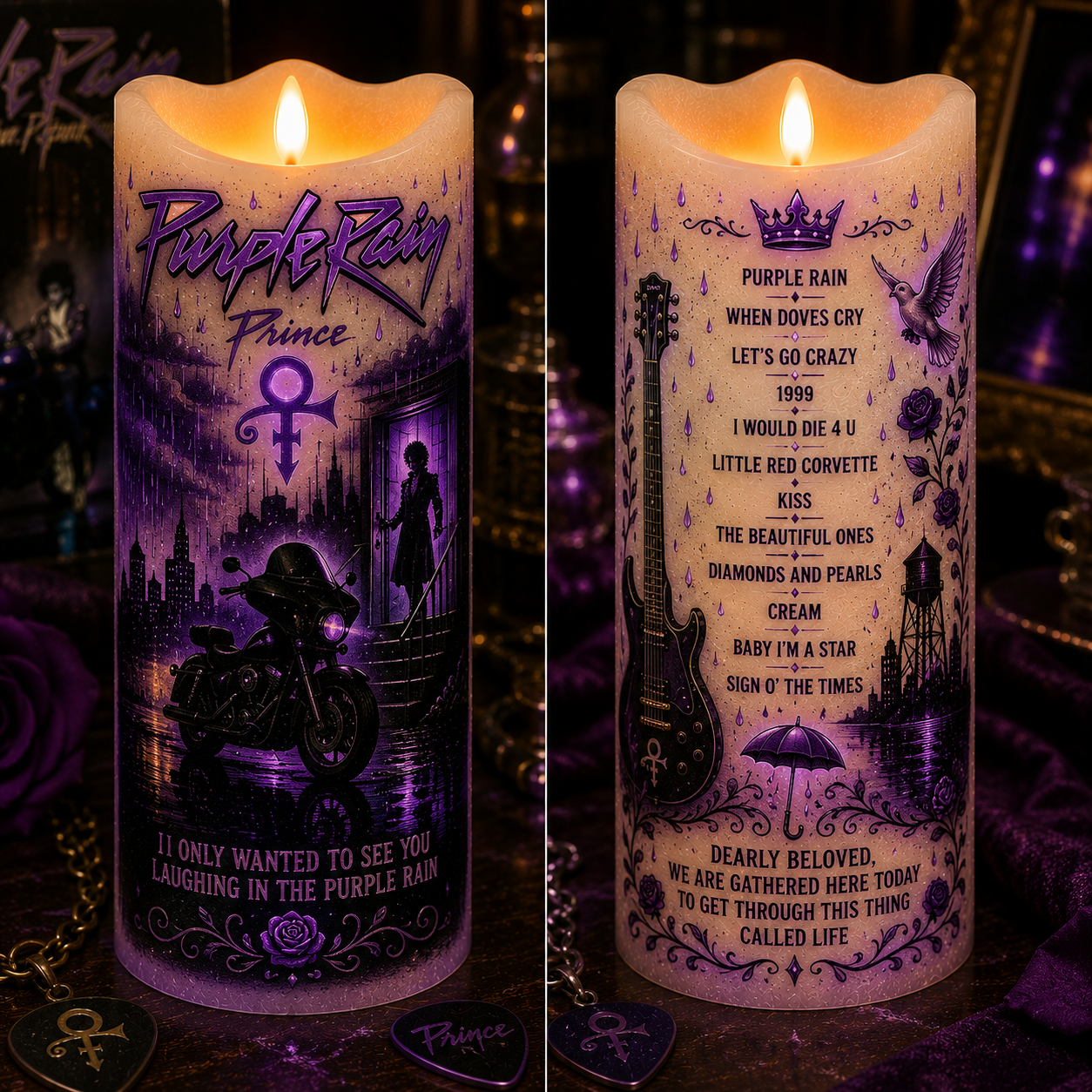 Prince Purple Rain LED Flameless Candle – Music Lover Decorative Candle with Warm Flickering Light