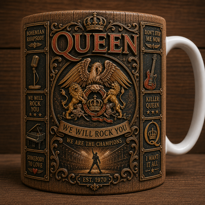 Queen Mug, Vintage Queen Band Coffee Mug, Classic Rock Ceramic Cup, Freddie Mercury Inspired Mug, Queen Fan Gift, We Will Rock You Mug