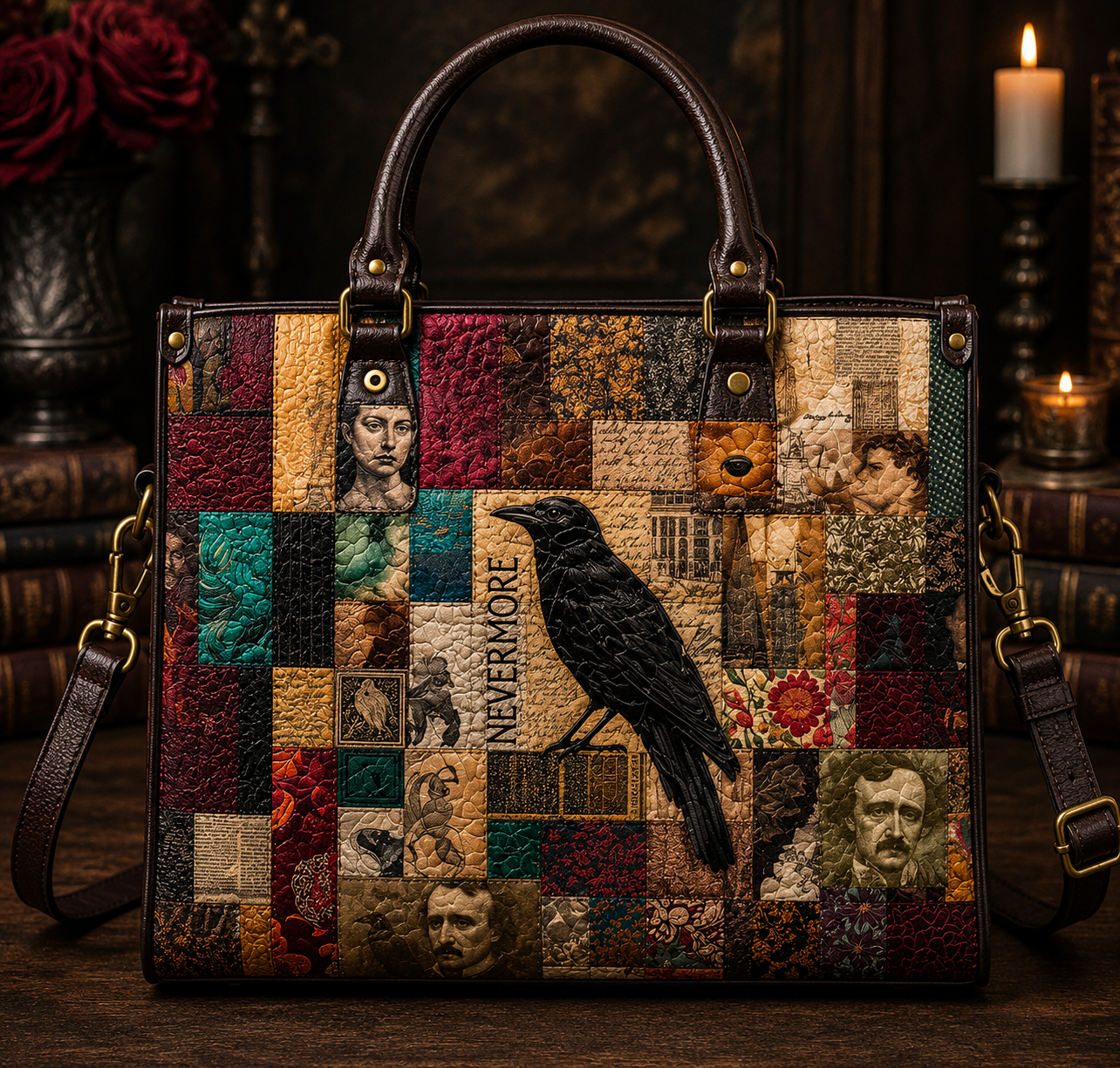 Edgar Allan Poe Raven Tote Bag, Hand Bag and Wallet Set – Nevermore Literary Shoulder Handbag, Dark Academia Book Lover Gift