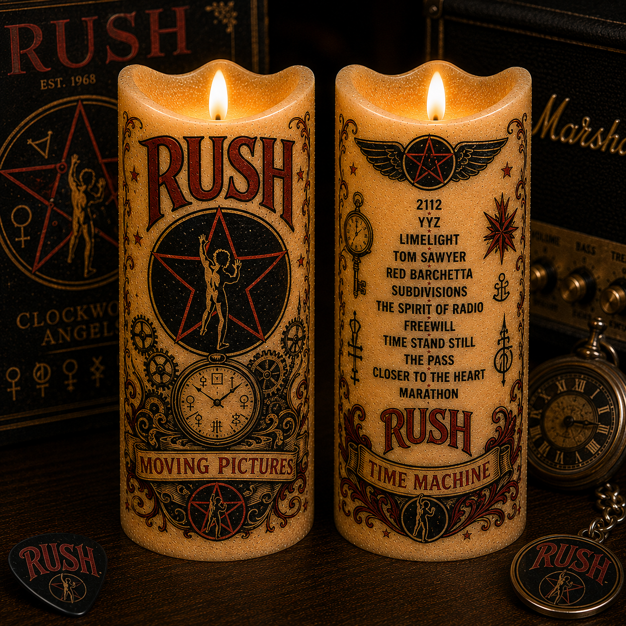 Rush LED Flameless Candle – Punk Rock Music Decorative Candle with Warm Flickering Light