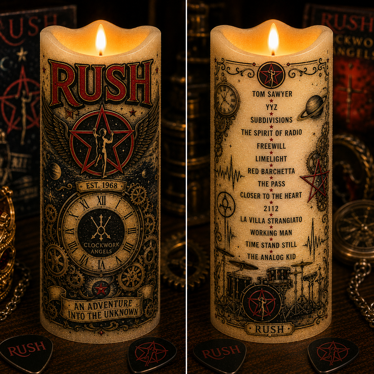 Rush LED Flameless Candle – Progressive Rock Music Decorative Candle with Warm Flickering Light