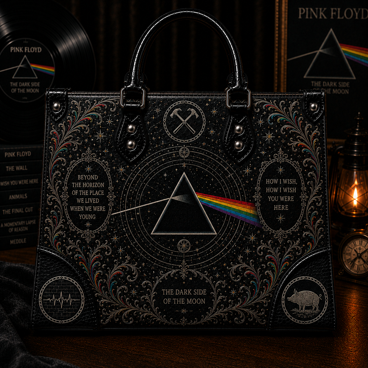 PinkFloyd The Dark Side of The Moon Handbag Tote Bag & Wallet Set, Vintage Music Lover Purse Set, Retro Pop Band Leather Bag, Matching Wallet Gift