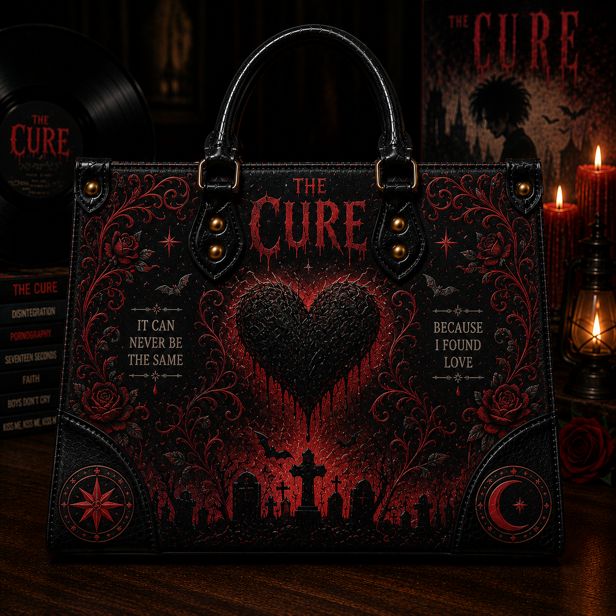 The Cure Handbag Tote Bag & Wallet Set, Vintage Music Lover Purse Set, Retro Pop Band Leather Bag, Matching Wallet Gift