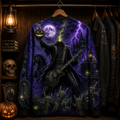 Headless Horseman Halloween Guitar Sweatshirt – Gothic Horror All Over Print Crewneck For Halloween Rock Fans