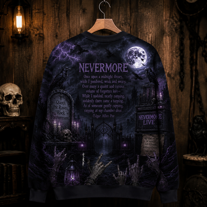 Edgar Allan Poe Nevermore Raven Gothic Halloween Sweatshirt – All Over Print Horror Rock Crewneck For Gothic Literature Fans