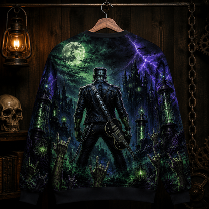 Frankenstein Monster Rock Guitar Sweatshirt – Gothic Halloween All Over Print Crewneck For Horror Fans