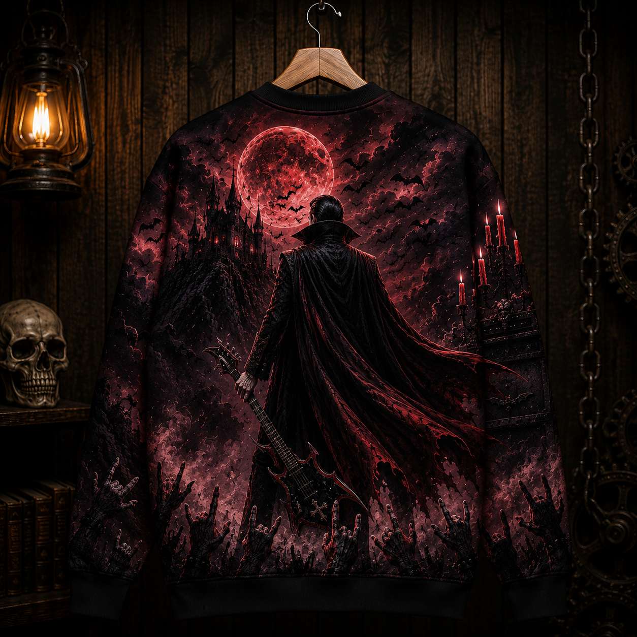 Dracula Vampire Rock Guitar Sweatshirt – Gothic Halloween All Over Print Crewneck For Horror Music Fans