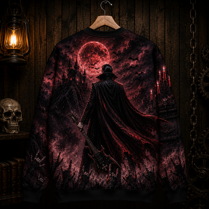 Dracula Vampire Rock Guitar Sweatshirt – Gothic Halloween All Over Print Crewneck For Horror Music Fans