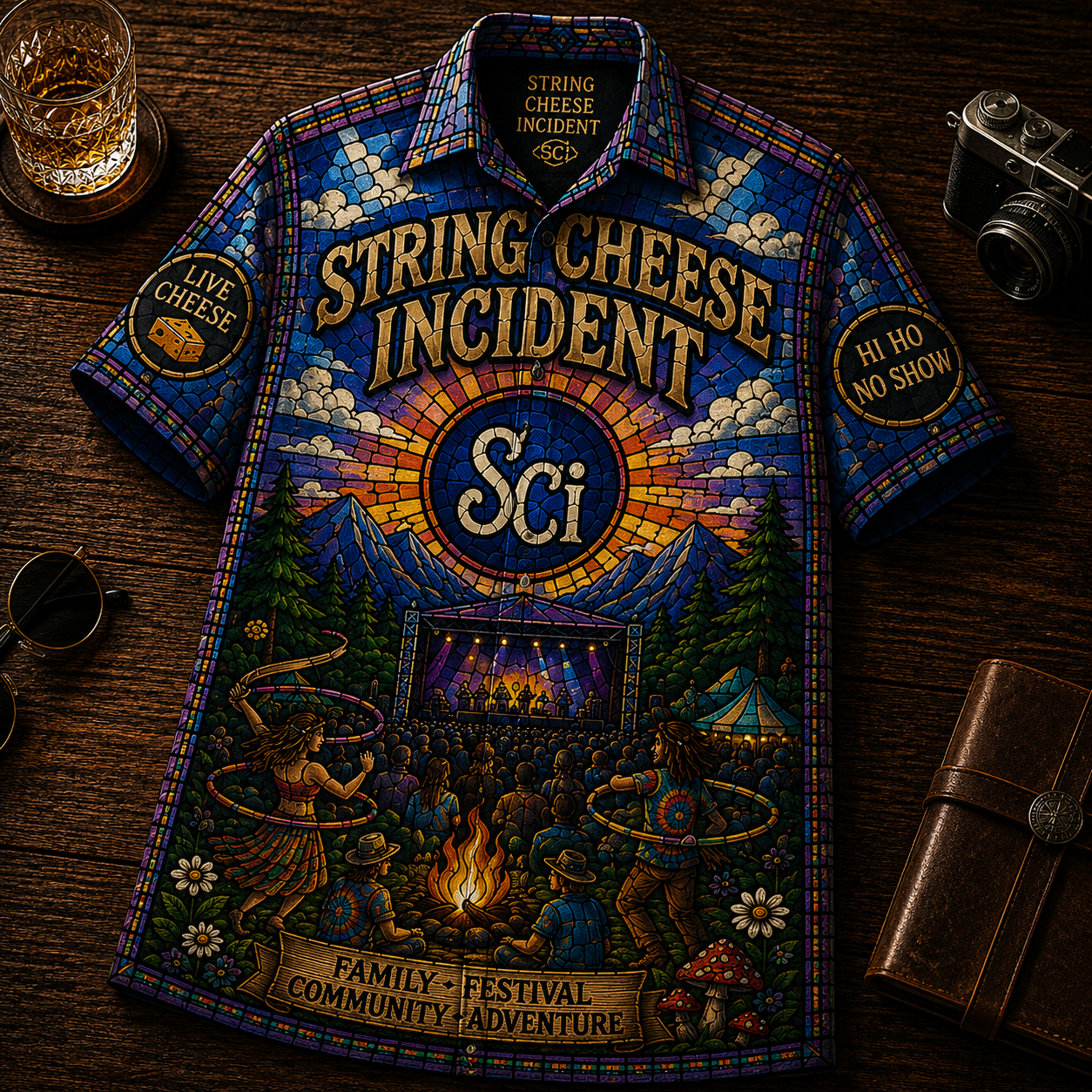 The String Cheese Incident Hawaiian Shirt - Unisex Stained Glass SCI Bonfire Button Up