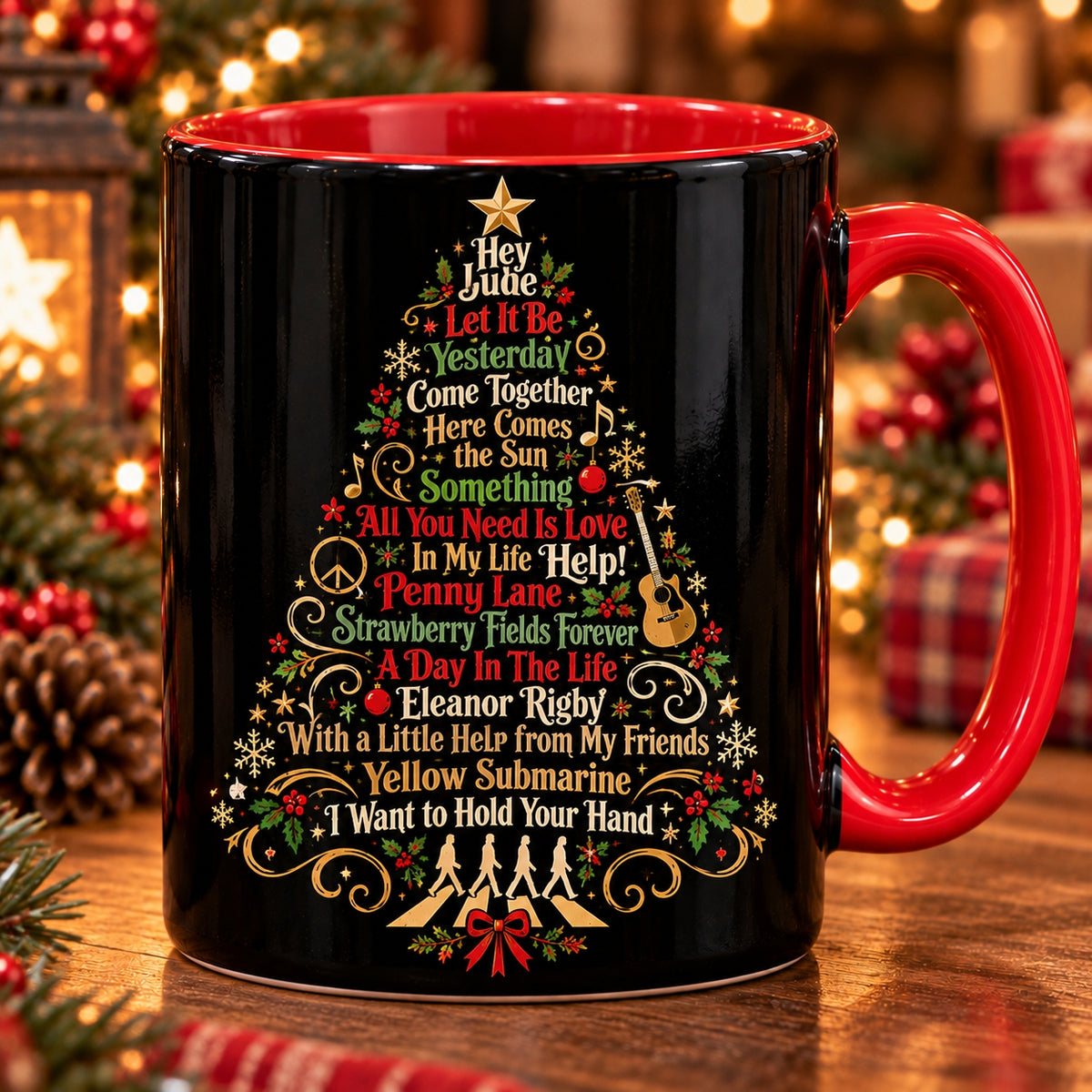 The Beatles Songs Christmas Tree Coffee Mug – Festive Red Accent Holiday Rock Drinkware