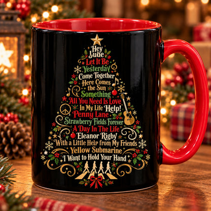 The Beatles Songs Christmas Tree Coffee Mug – Festive Red Accent Holiday Rock Drinkware