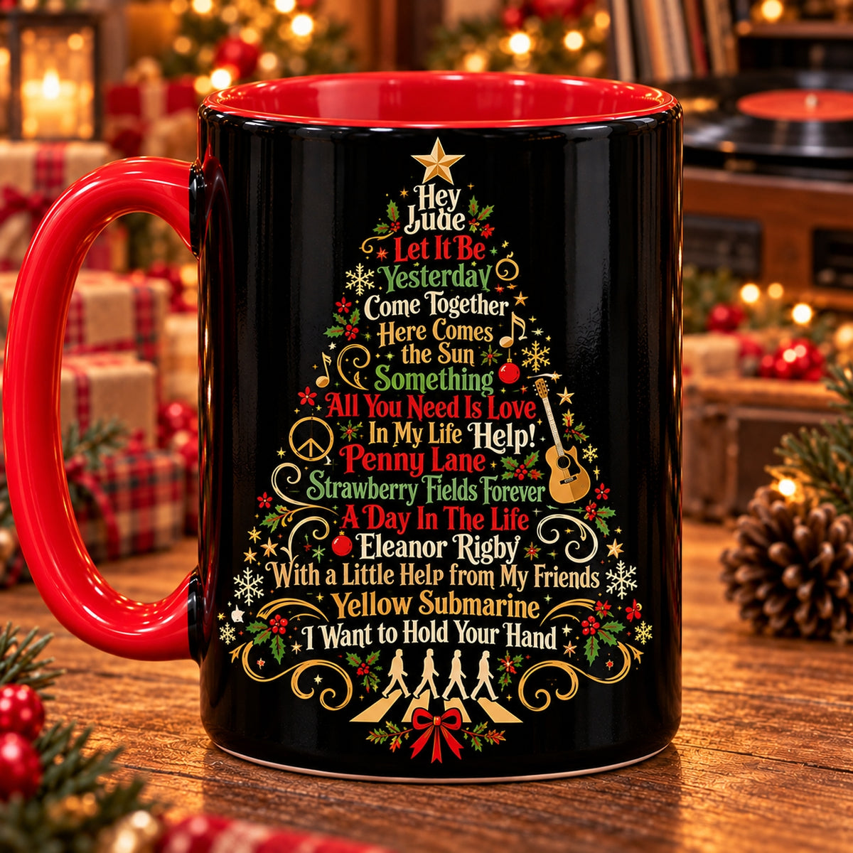 The Beatles Songs Christmas Tree Coffee Mug – Festive Red Accent Holiday Rock Drinkware