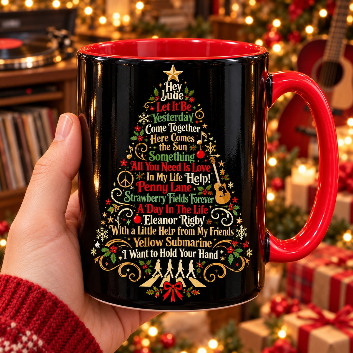 The Beatles Songs Christmas Tree Coffee Mug – Festive Red Accent Holiday Rock Drinkware