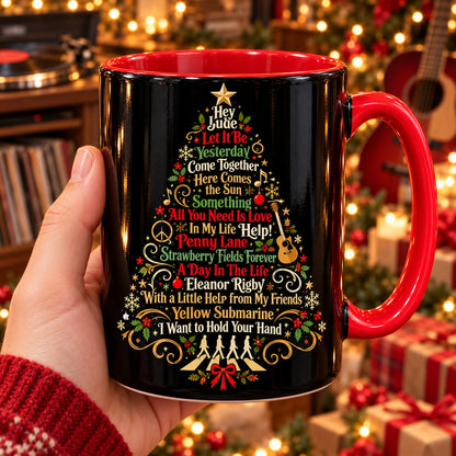 The Beatles Songs Christmas Tree Coffee Mug – Festive Red Accent Holiday Rock Drinkware