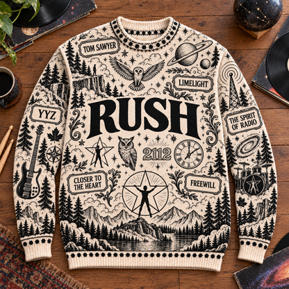 Rush Wool Sweater, 2112 Starman Graphic Knit Jumper, Tom Sawyer Limelight YYZ Retro Rock Sweater, Progressive Rock Fan Gift