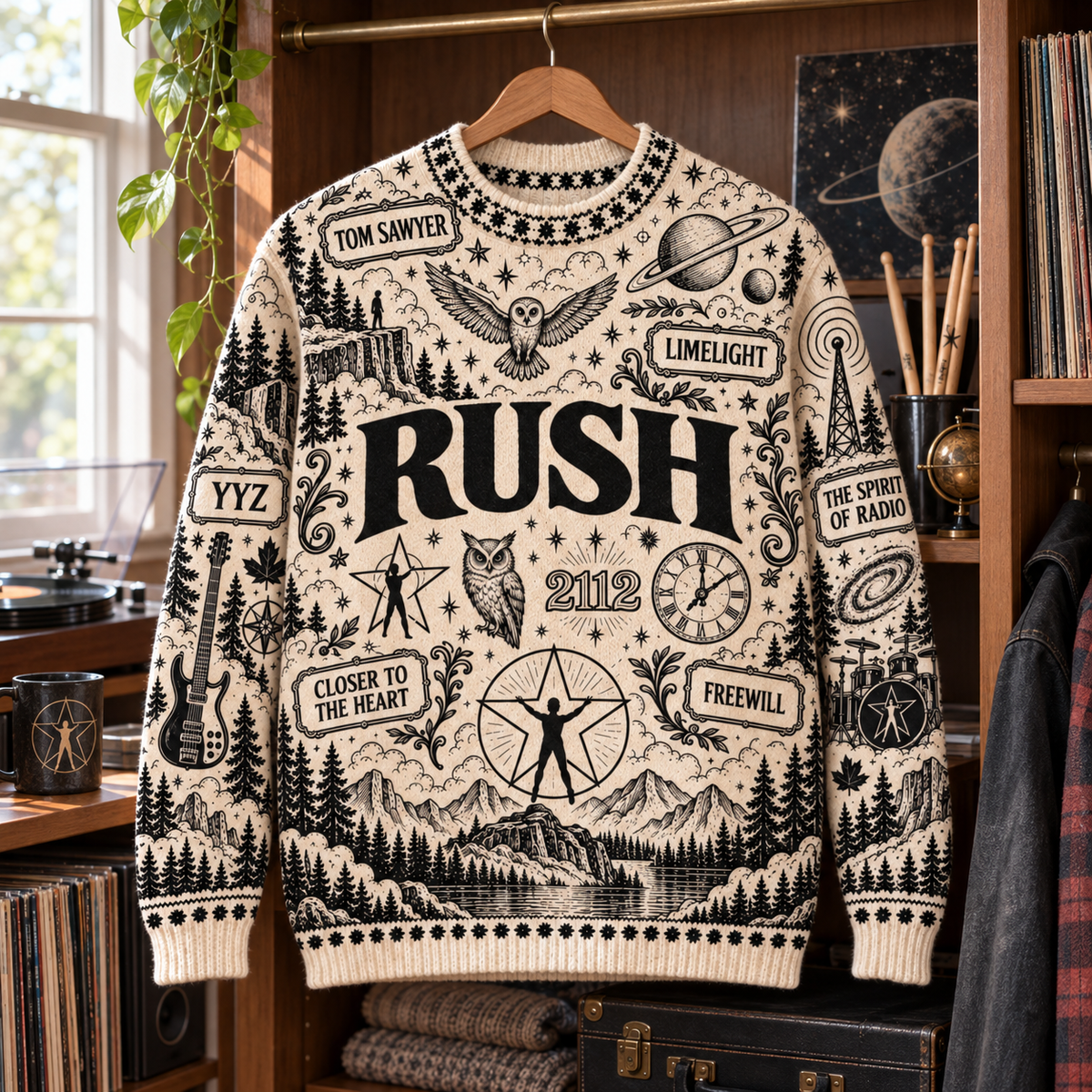 Rush Wool Sweater, 2112 Starman Graphic Knit Jumper, Tom Sawyer Limelight YYZ Retro Rock Sweater, Progressive Rock Fan Gift
