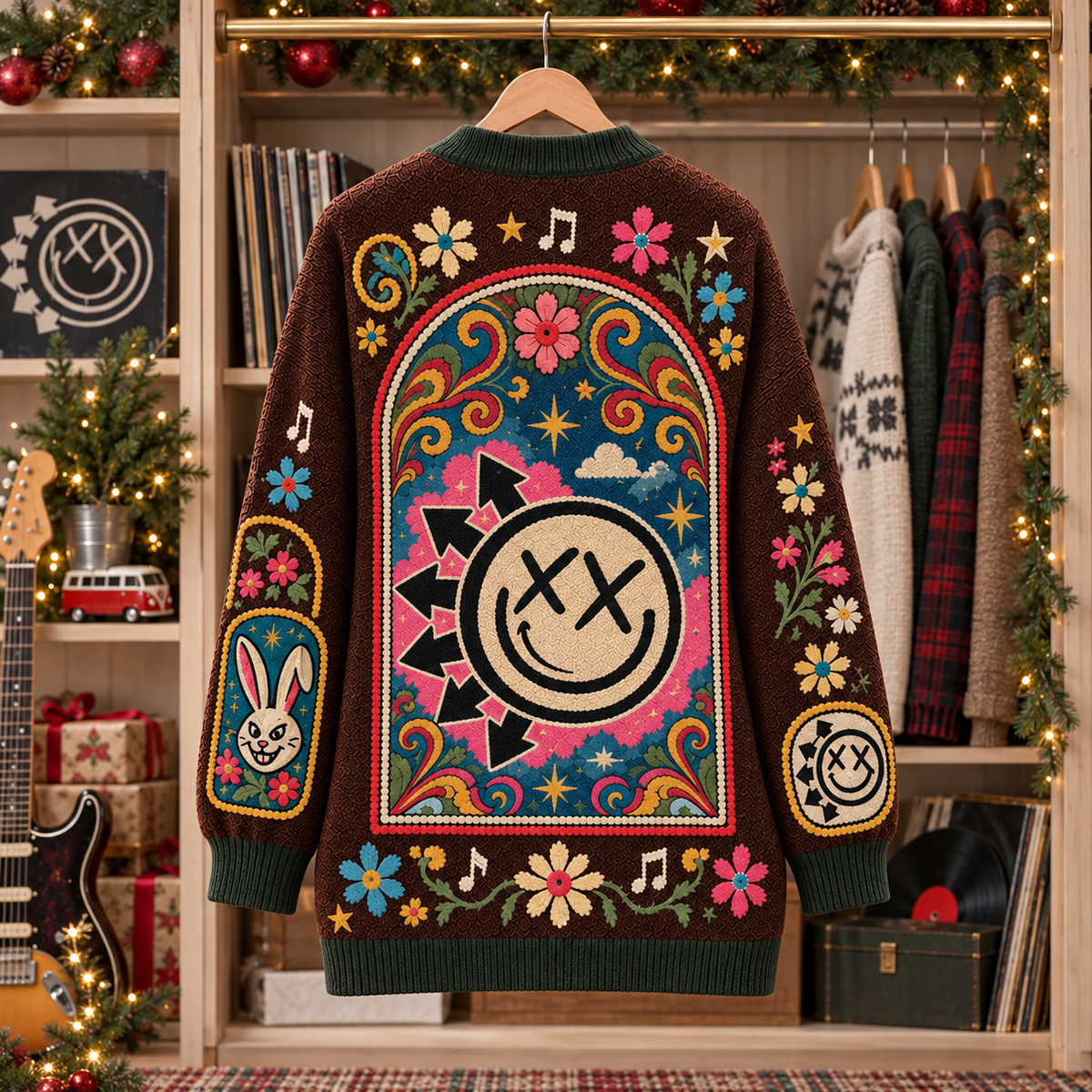 Blink-182 Patchwork Cardigan, Smiley Bunny Pop Punk Knit Sweater, Vintage Folk Art Band Cardigan Gift