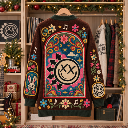 Blink-182 Patchwork Cardigan, Smiley Bunny Pop Punk Knit Sweater, Vintage Folk Art Band Cardigan Gift