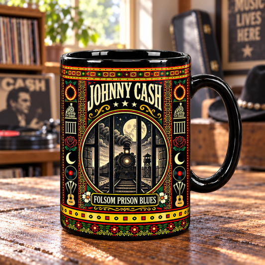 Johnny Cash Mug, Folsom Prison Blues Ceramic Coffee Mug, Man in Black Country Music Gift
