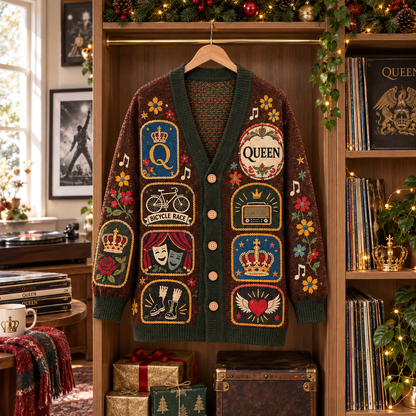 Queen Patchwork Cardigan, Vintage Folk Art Rock Band Knit Sweater, Bohemian Music Lover Cardigan Gift