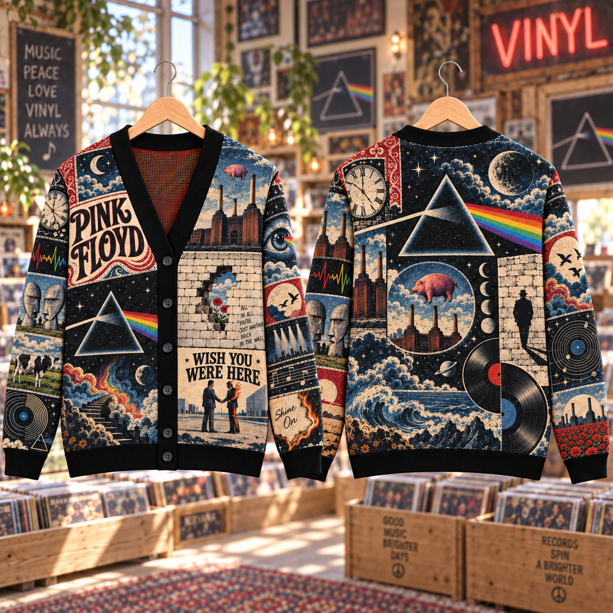 Pink Floyd Wool Cardigan, Dark Side of the Moon Wish You Were Here Patchwork Knit Sweater, Vintage Progressive Rock Gift