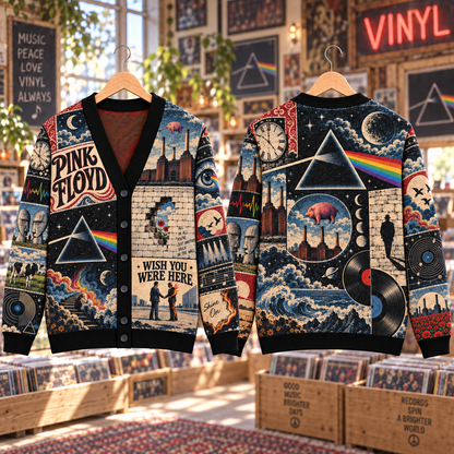 Pink Floyd Wool Cardigan, Dark Side of the Moon Wish You Were Here Patchwork Knit Sweater, Vintage Progressive Rock Gift