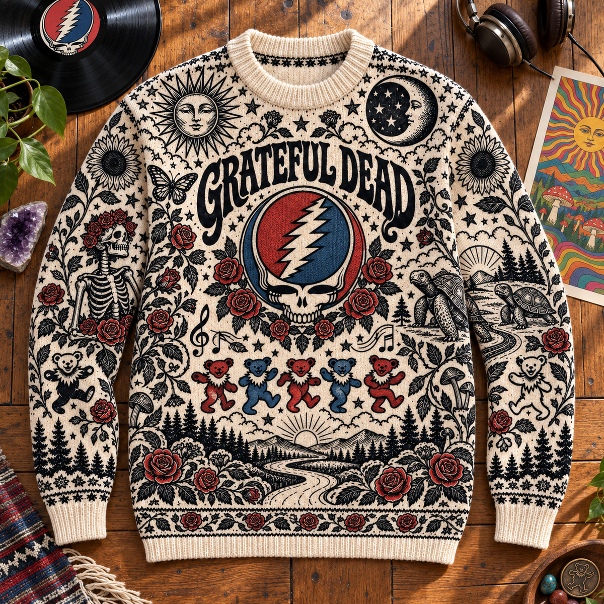 Grateful Dead Wool Knit Sweater, Steal Your Face Dancing Bears & Roses Graphic Pullover, Retro Psychedelic Deadhead Crewneck
