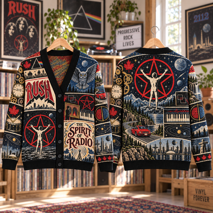 Rush Wool Cardigan, 2112 Spirit of Radio Patchwork Knit Sweater, Vintage Progressive Rock Band Gift