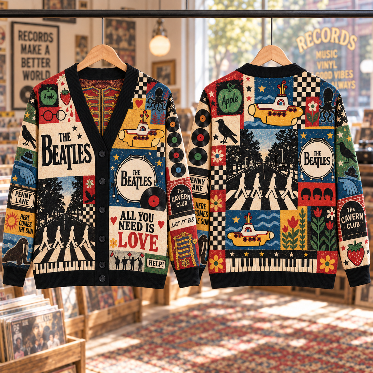 The Beatles Wool Cardigan, Abbey Road Yellow Submarine Patchwork Knit Sweater, Vintage 60s Rock Band Wool Cardigan Gift