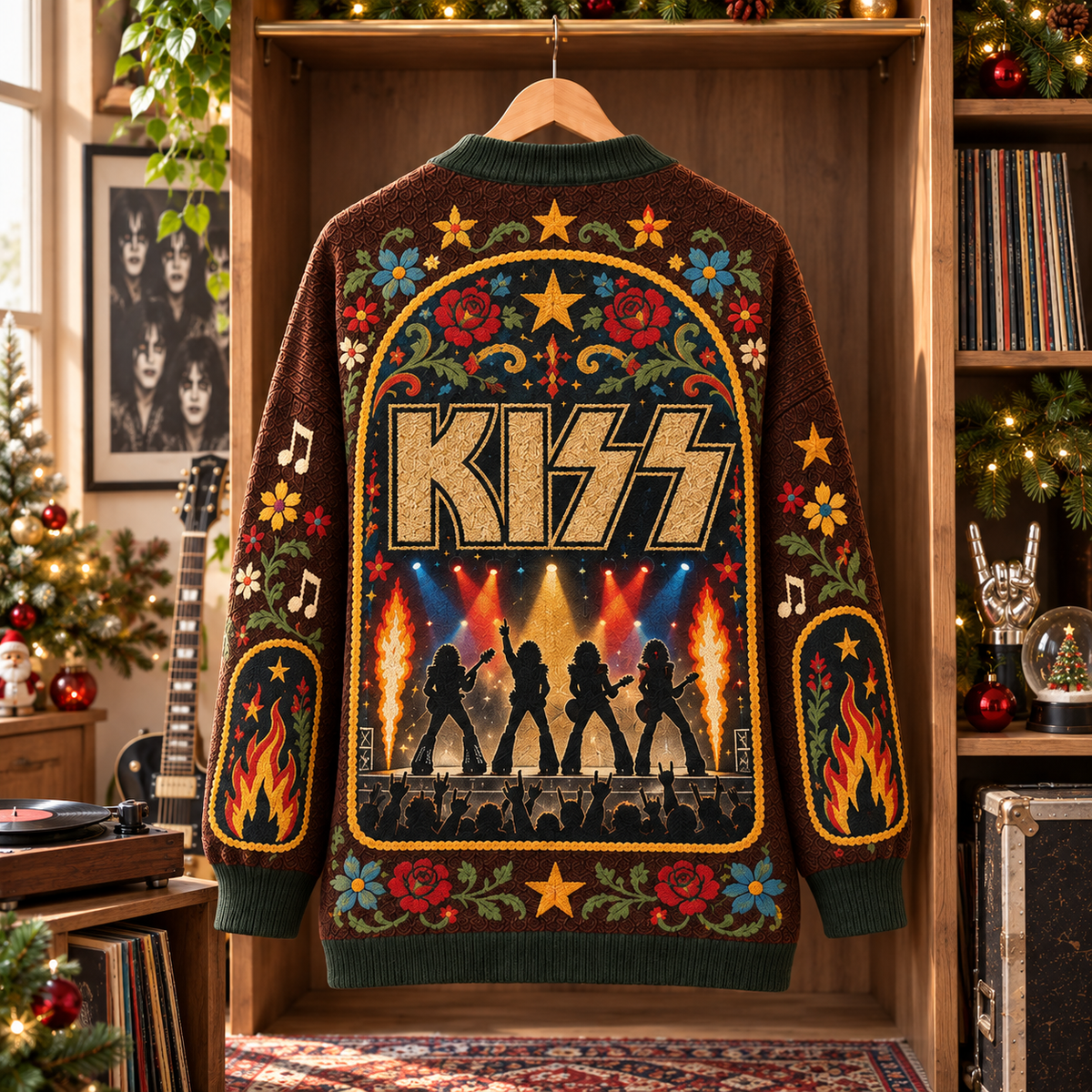 KISS Patchwork Cardigan, Vintage Rock Folk Art Knit Sweater, Concert Stage Music Cardigan Gift