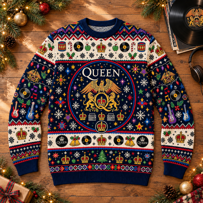 Queen Wool Christmas Sweater, Freddie Mercury Crest Holiday Knit Jumper, Classic Rock Ugly Christmas Sweater, Retro Music Fan Gift