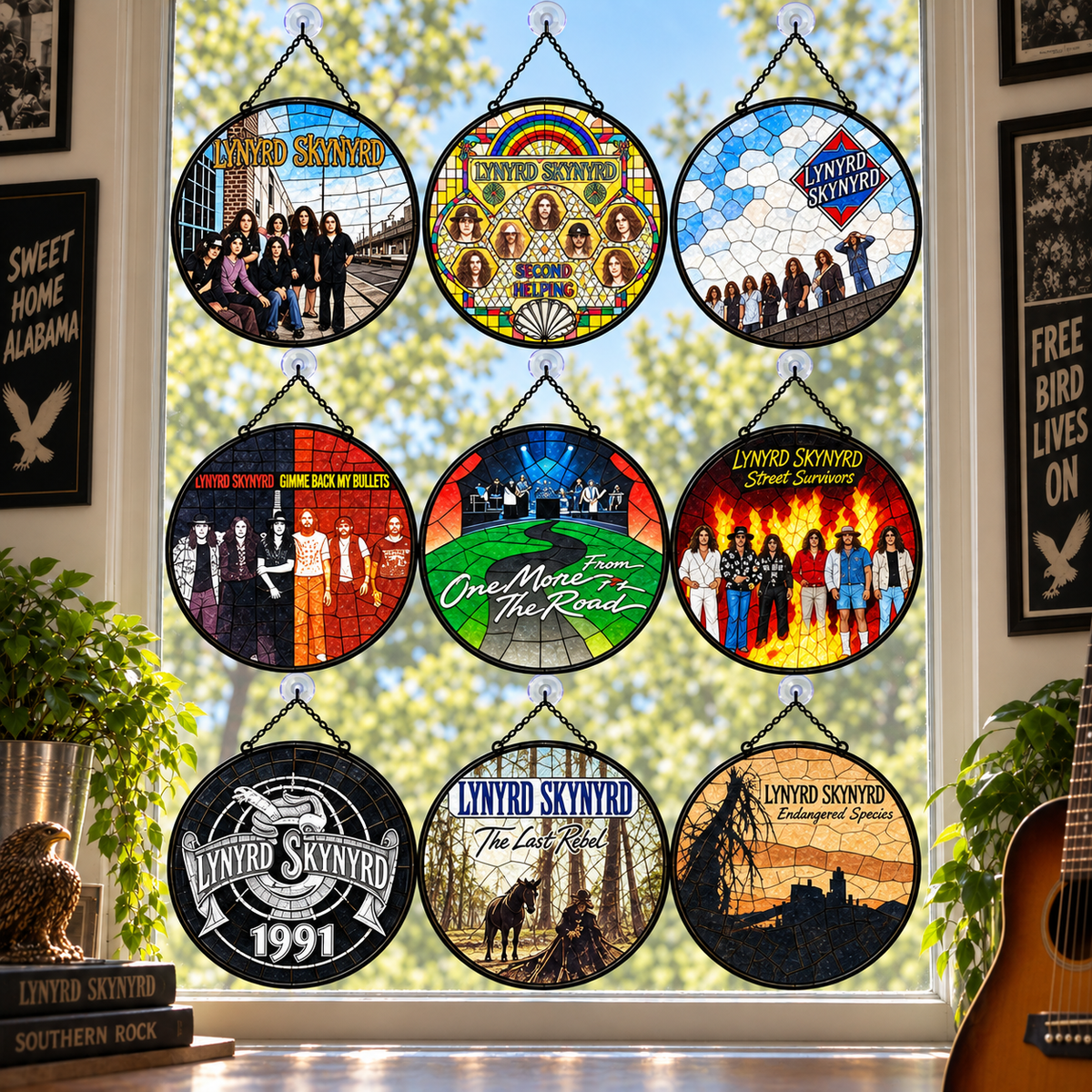Lynyrd Skynyrd Suncatcher, 9 Album Stained Glass Window Hanging, Southern Rock Music Gift
