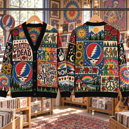 Grateful Dead Wool Cardigan, Steal Your Face Dancing Bears Patchwork Knit Sweater, Vintage Psychedelic Jam Band Gift