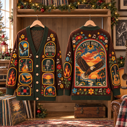 Lynyrd Skynyrd Patchwork Cardigan, Southern Rock Folk Art Knit Sweater, Vintage Eagle Guitar Music Cardigan Gift
