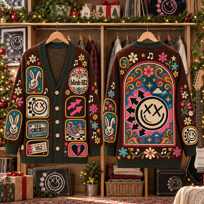 Blink-182 Patchwork Cardigan, Smiley Bunny Pop Punk Knit Sweater, Vintage Folk Art Band Cardigan Gift