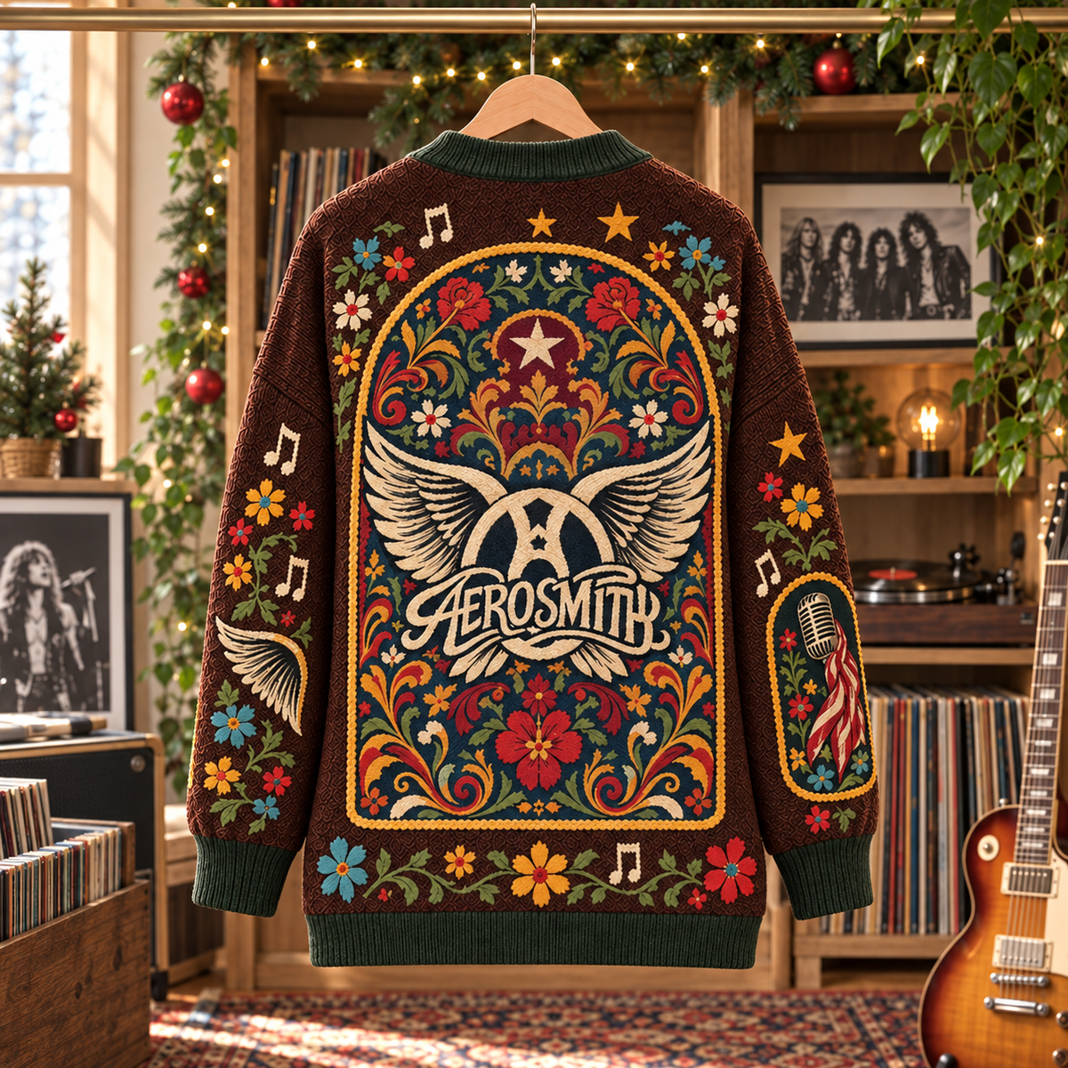 Aerosmith Patchwork Cardigan, Winged Logo Folk Art Knit Sweater, Vintage Classic Rock Music Cardigan Gift