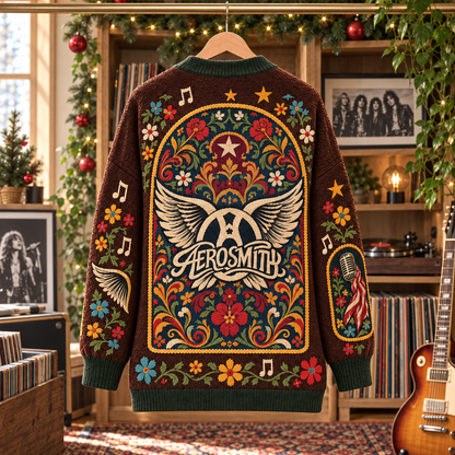 Aerosmith Patchwork Cardigan, Winged Logo Folk Art Knit Sweater, Vintage Classic Rock Music Cardigan Gift