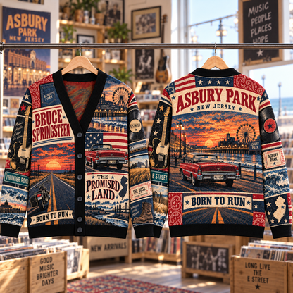Bruce Springsteen Wool Cardigan, Born to Run The Promised Land Patchwork Knit Sweater, Vintage Americana Rock Gift