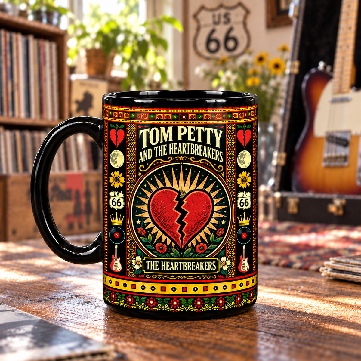 Tom Petty and the Heartbreakers Mug, Wildflowers Broken Heart Route 66 Ceramic Coffee Mug, Classic Rock Music Gift